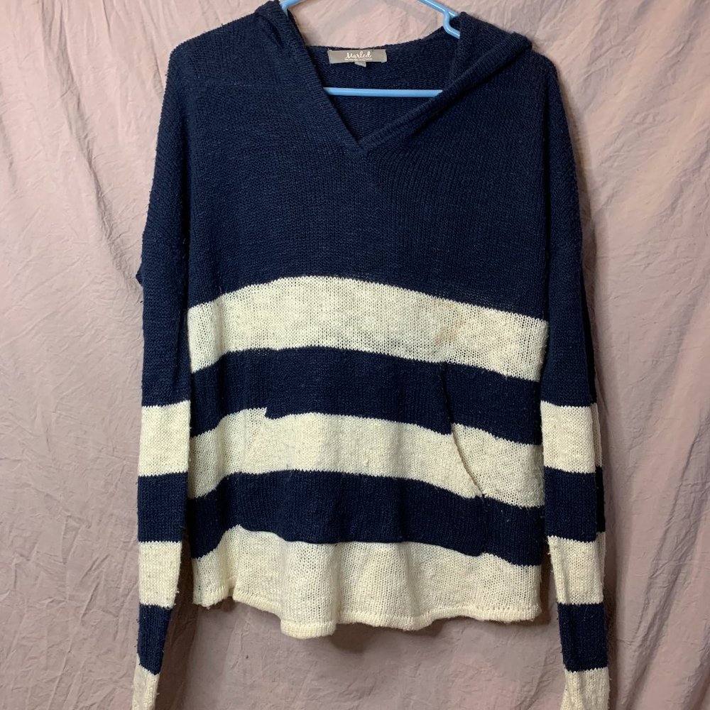 Marled Knitted Blue and White Hooded Sweater, M